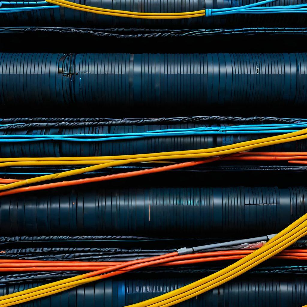 A seamless transition scene illustrating the process of cable transport, featuring experts discussing relocation strategies amidst neatly organized cables. Include a variety of cable types on a backdrop of a modern transport setting. The setting should emit a sense of efficiency and precision while showcasing tools for cable setup. Bright, inviting colors with a focus on movement and organization. super-realistic. vibrant colors.