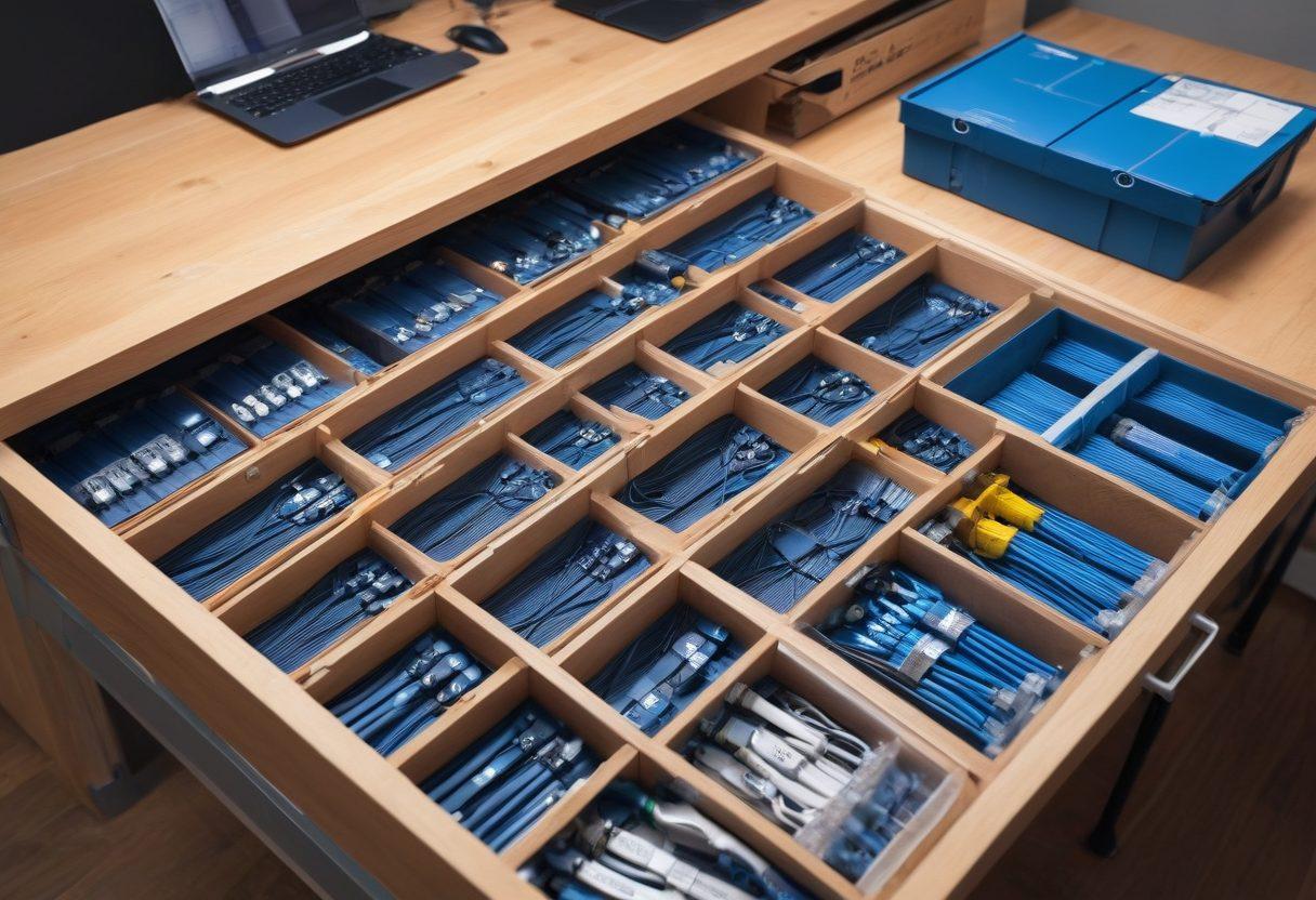 A neatly organized workspace showcasing a variety of cables packed in sturdy boxes, with labels and tools for installation scattered around. Include a blueprint on the table depicting optimal cable layouts and a step-by-step installation guide. Bright lighting and a modern aesthetic to convey efficiency and professionalism. vibrant colors. super-realistic.